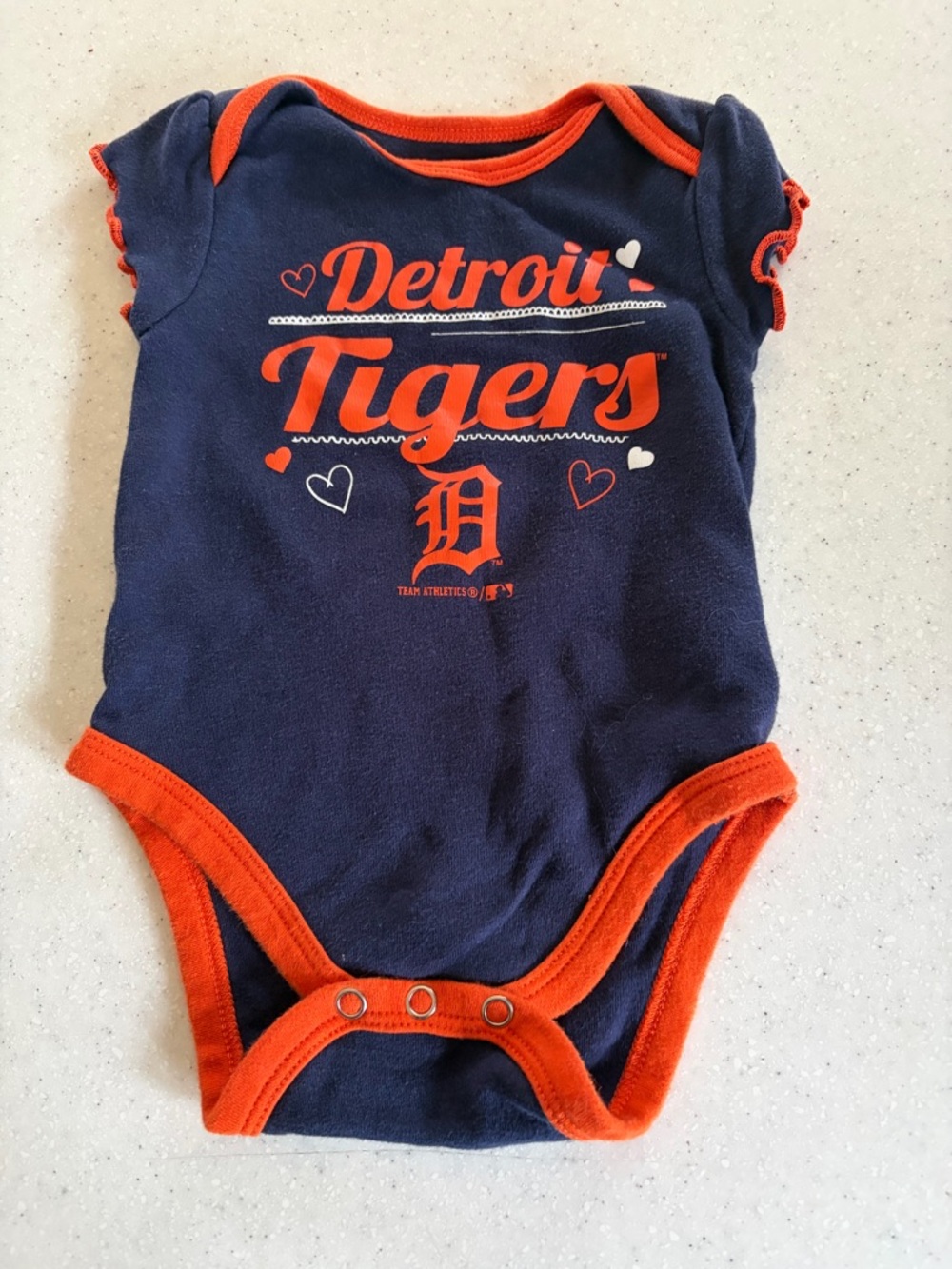 Detroit Tigers MLB Orange & Navy Onesie Baby Girl Sz 3-6M Genuine Merchandise